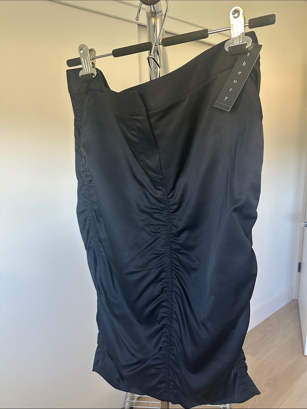 Theory Black Satin Ruched Pencil Skirt